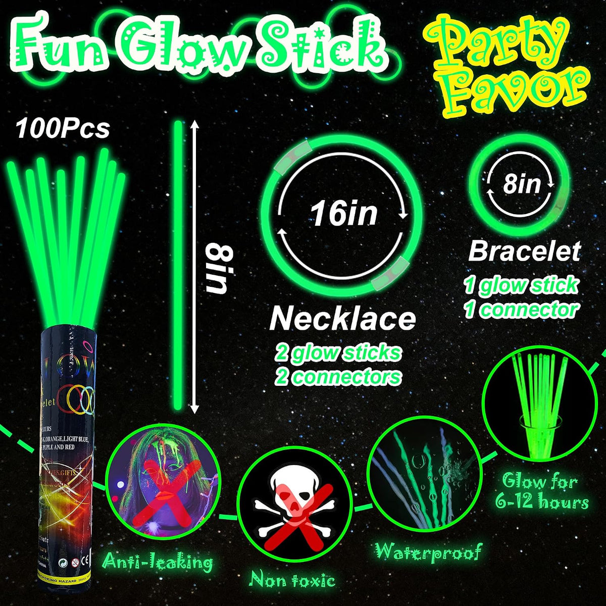 ILHSTY 100 pack green 8 inch glow sticks with connectors for necklaces - view 10