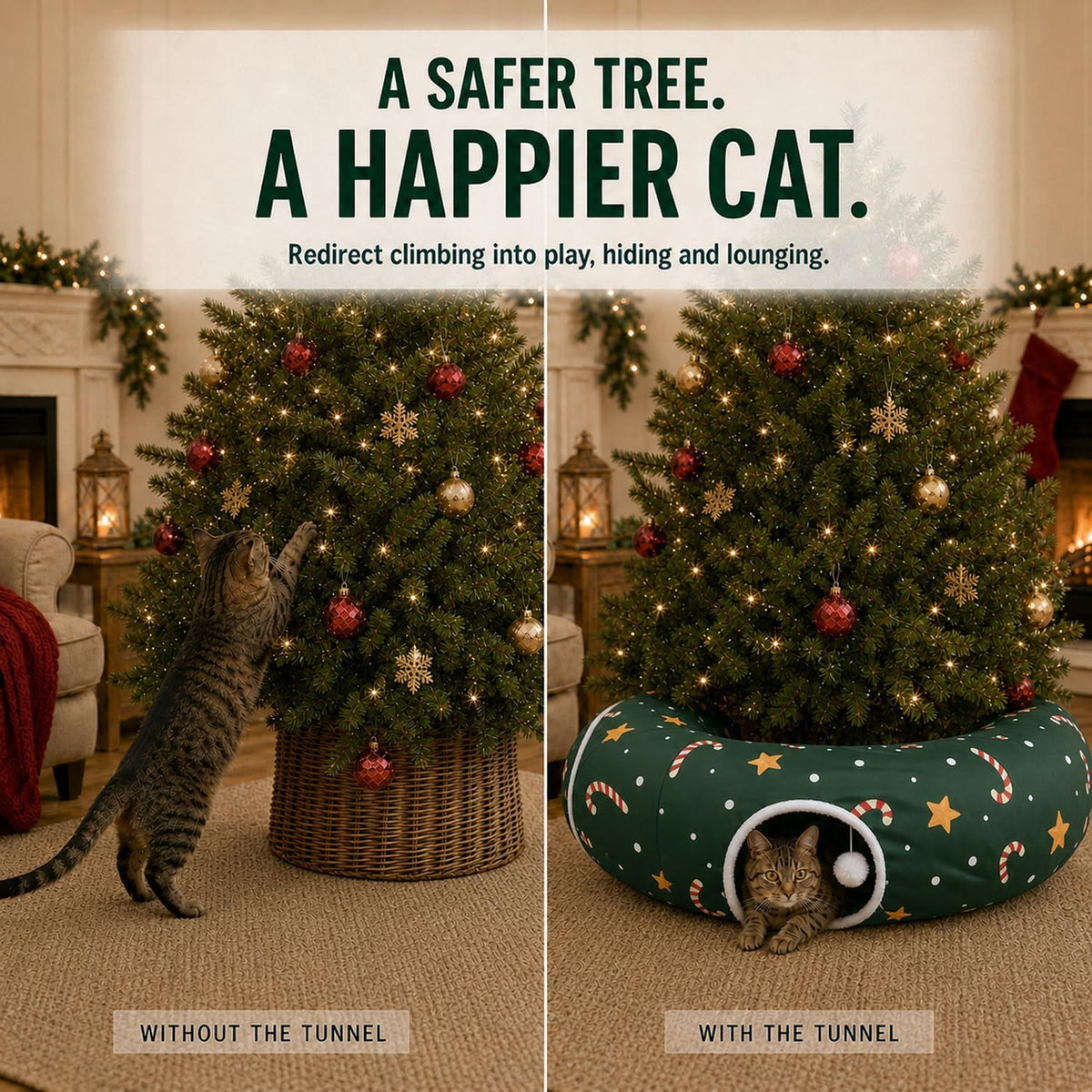LUCKITTY Christmas cat tunnel bed with hanging ball and star pattern - view 3
