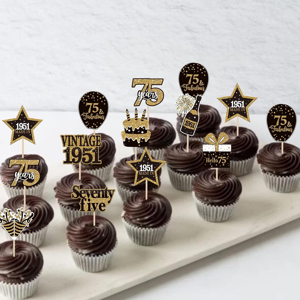 36PCS Happy 80th Birthday Cupcake Toppers Double Sided Black Gold - Vintage / 75th - image 4