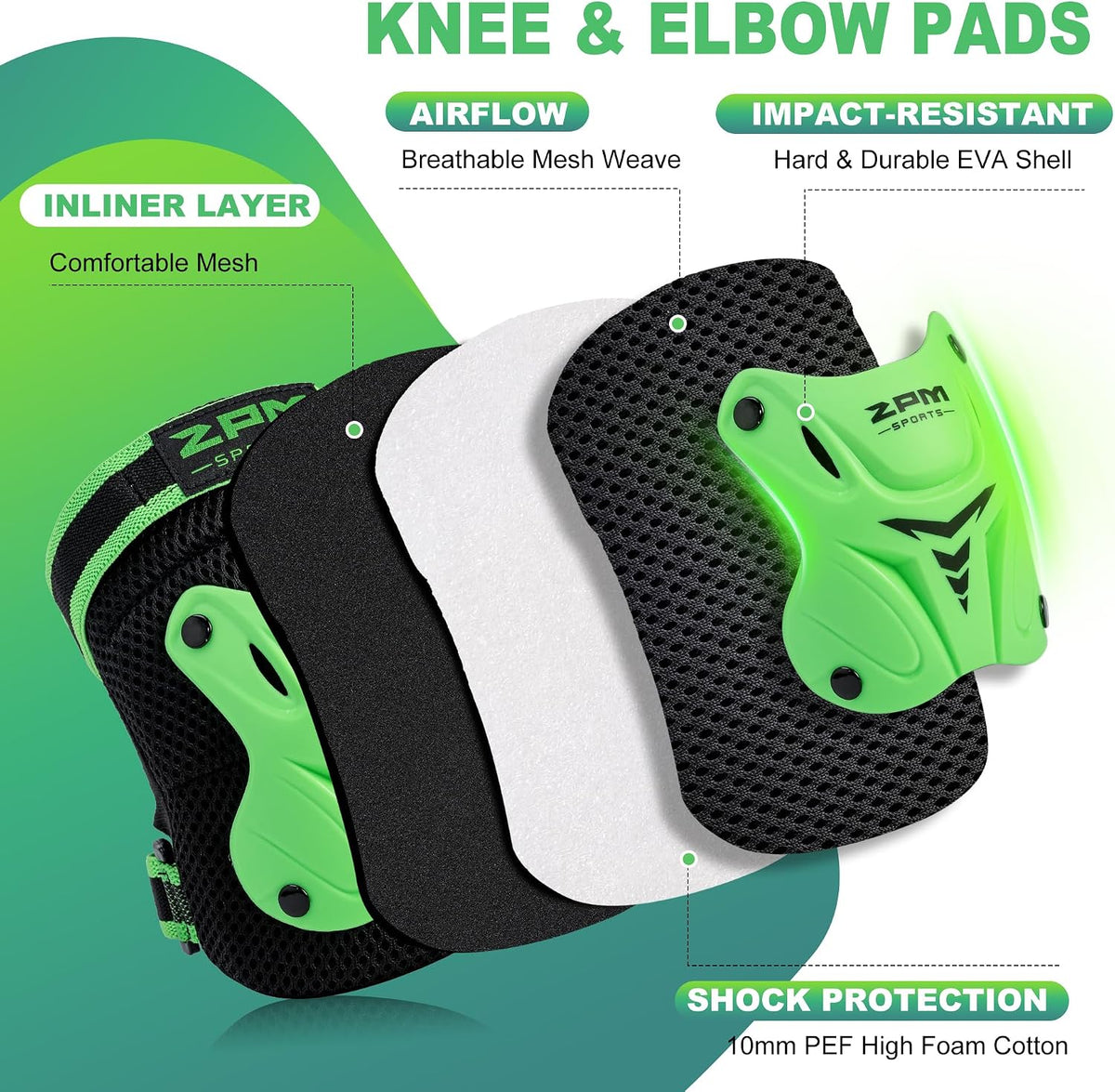 2PM SPORTS Knee and Elbow Pads Set with Wrist Guards for Kids Girls - Green / Medium - image 3