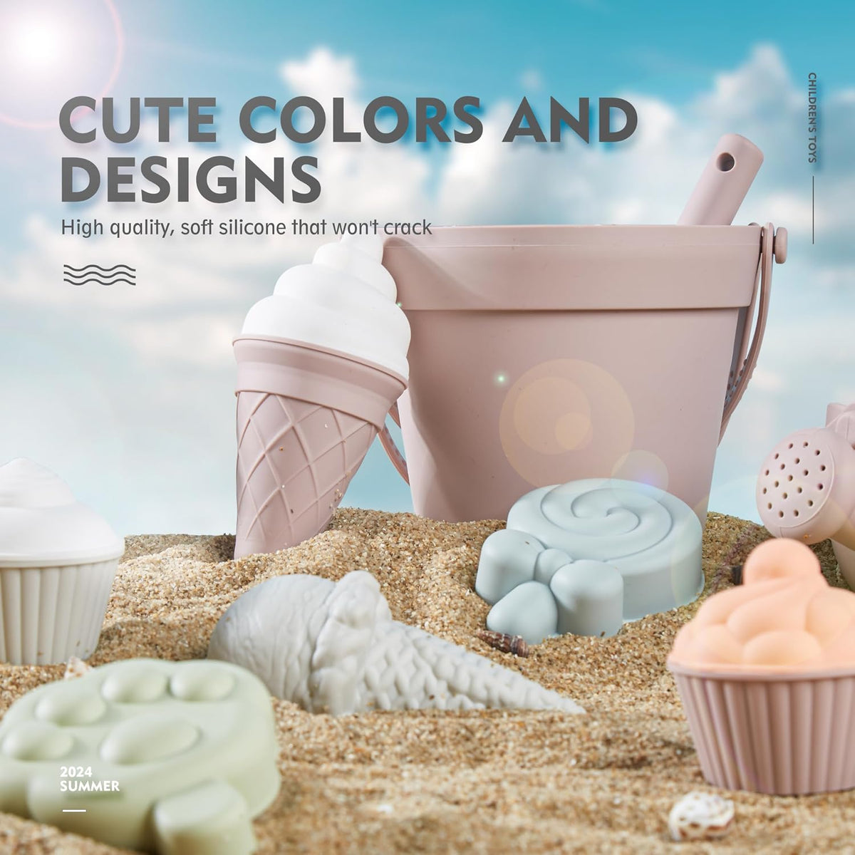 MarcZero silicone beach toys set with bucket, watering can, shovel and sand molds in pink - view 5