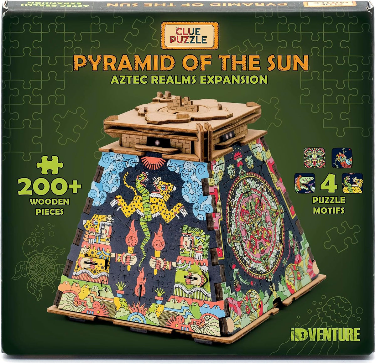 iDventure CluePuzzle Pyramid of the Sun 3D birch wood puzzle box with Aztec design