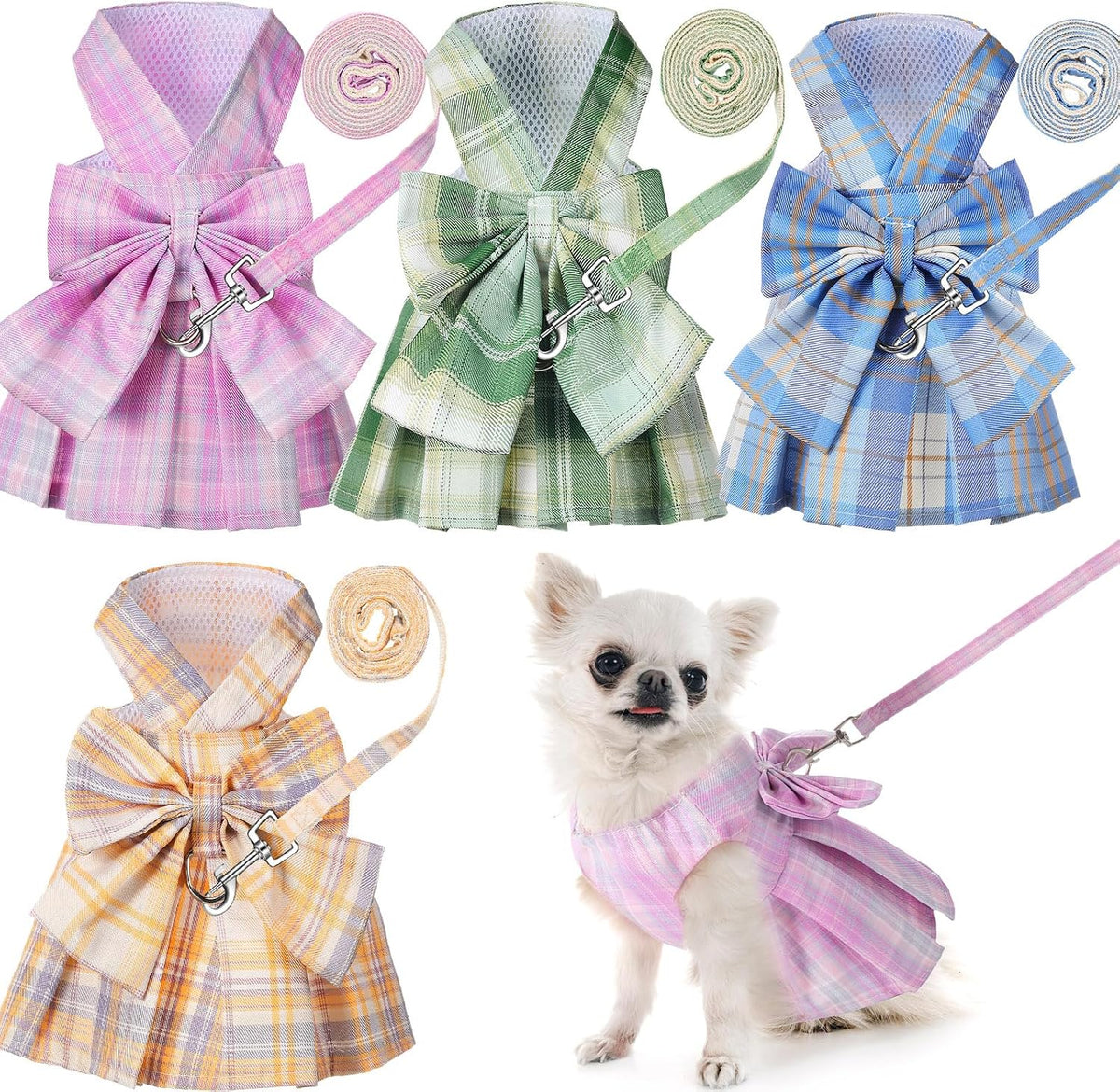 Potchen 4 Pcs Plaid Dog Dresses, L, Chest 17 in - L, Chest 17 in / Light Color