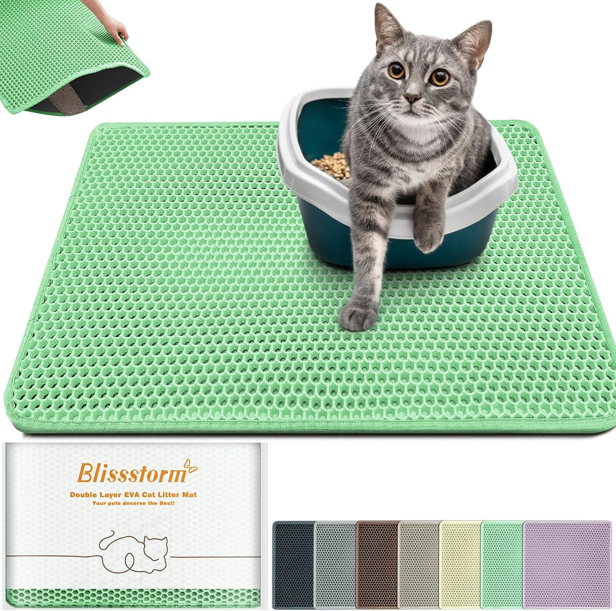 Cat Litter Mat 24"x16", Double Layer EVA litterbox Mat Beige - Green / Honeycomb-24 x 16 Inches