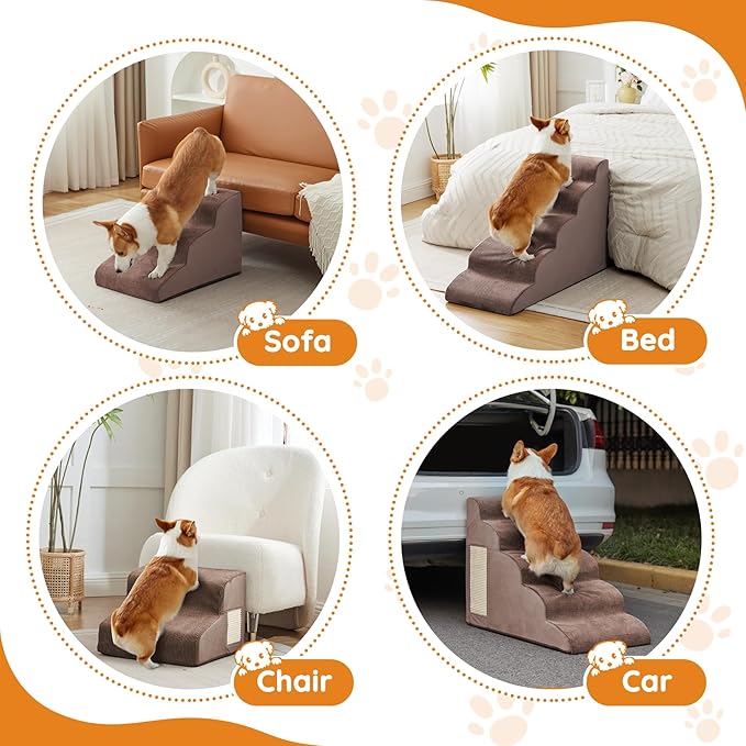 Dogs Steps for Bed, Dog Stairs for Small Dogs, 4-Step Dog Ramp for Bed, Couch, Sofa, and Chairs, Non-Slip Bottom Design, Cat Scratching, High Density Foam Portable Pet Step, Indoor, Coffee
