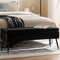 Leather Storage Ottoman Bench,End of Bed Bench for Living Room Bedroom Dinning Room Entryway,Mid-Century Modern,Faux Leather,with Steel Legs,Safety Hinges,Loads 660 lb (Without Button, Black)