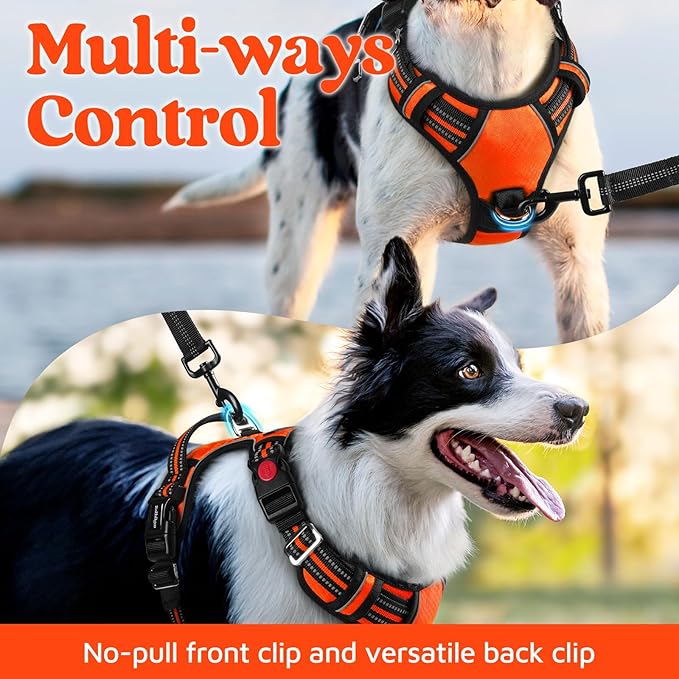rabbitgoo Dog Harness Medium Sized, No Pull Dog Vest with 3 Buckles, Adjustable Soft Padded Pet Harness with Easy Control Handle and Reflective Strips, Orange, M