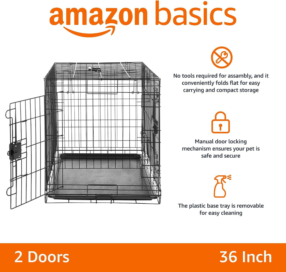 Amazon Basics Portable, Foldable Metal Wire Small Dog Crate with Removable Tray, Divider Panel - 36.0"L x 23.0"W x 25.0"H / Double Door w/ Divider - image 2