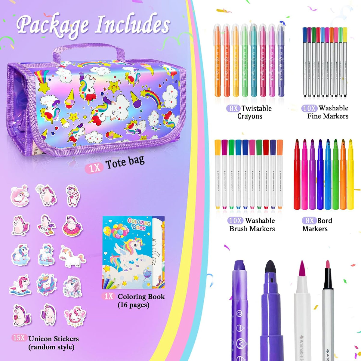 weirtoya 56 PCS Washable Scented Markers Set with Glitter Pencil Case - Light Purple Unicorn - image 2