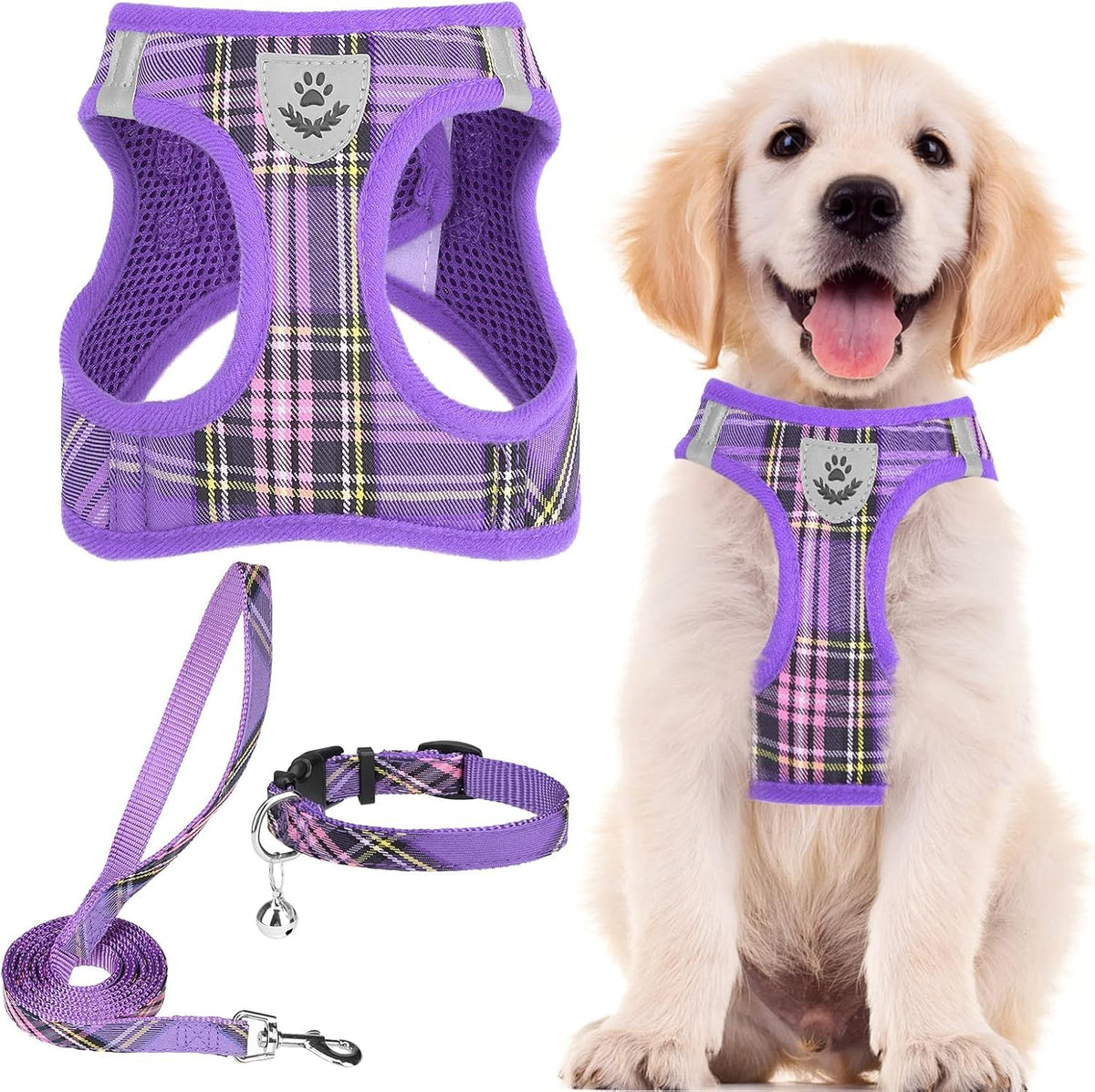 PUPTECK Dog Harness, Collar and Leash Set No Pull for Small Medium Sized – Essentials for Dogs - Purple / M (CHEST 16"-18") / Patterned Harness Collar and Leash Set