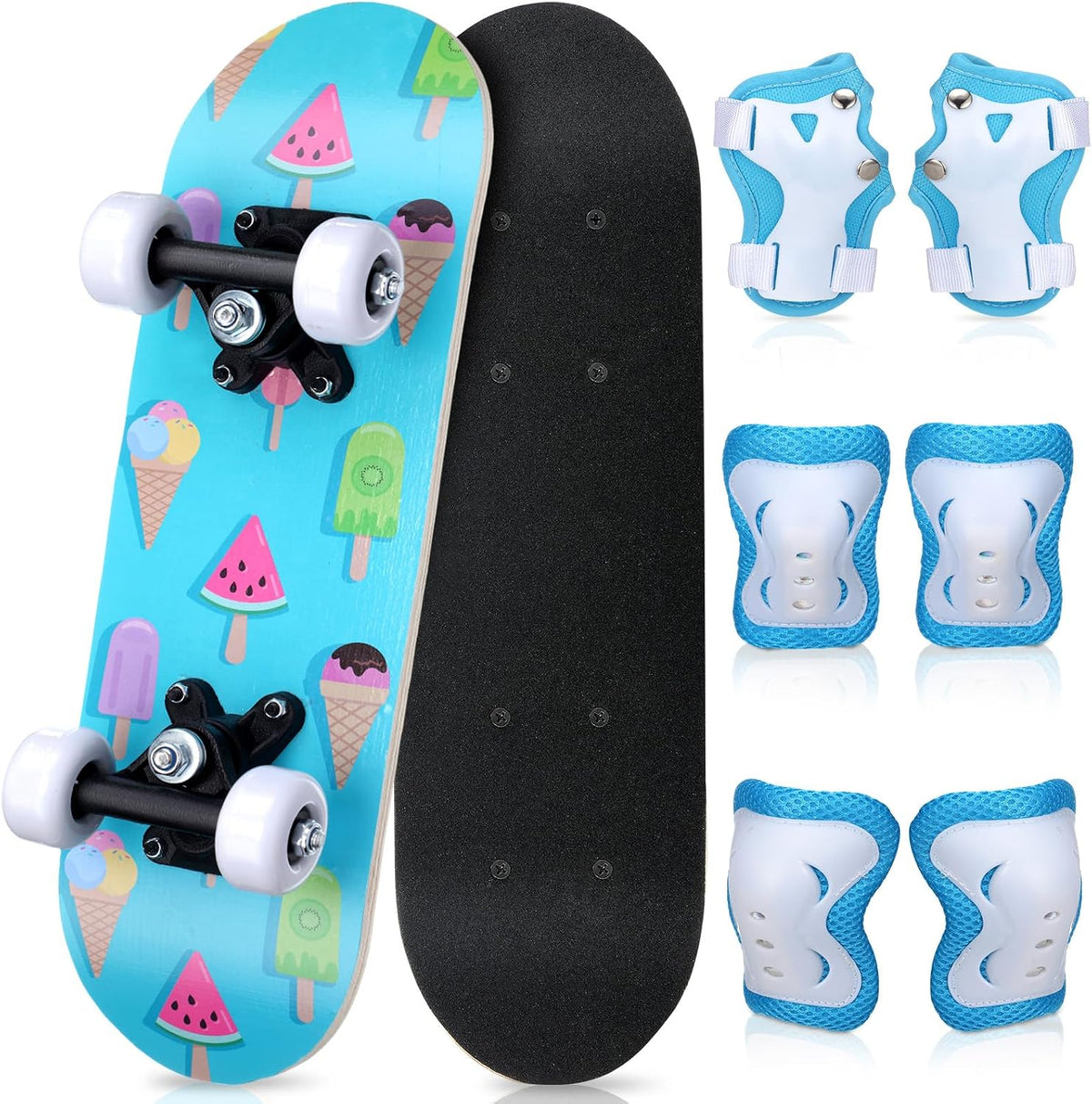 Honoson kids skateboard set with dinosaur print maple deck and black knee pads, elbow pads and wrist - view 7