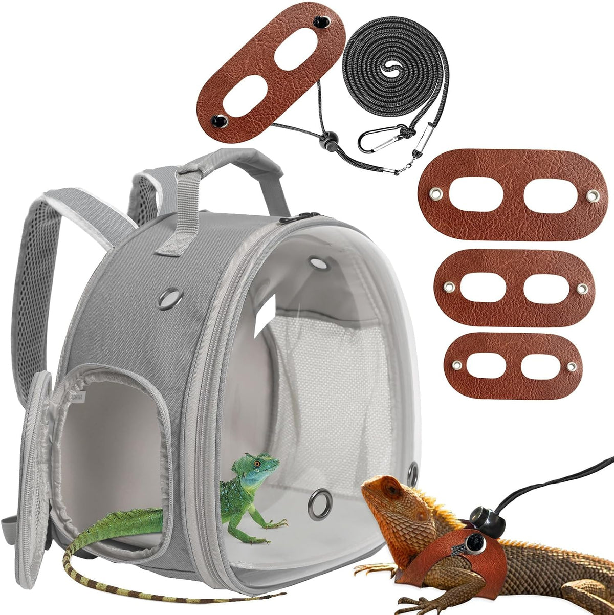 Bearded Dragon Travel Backpack with Harness and Leash Set - Grey / Backpack+LSH Brown