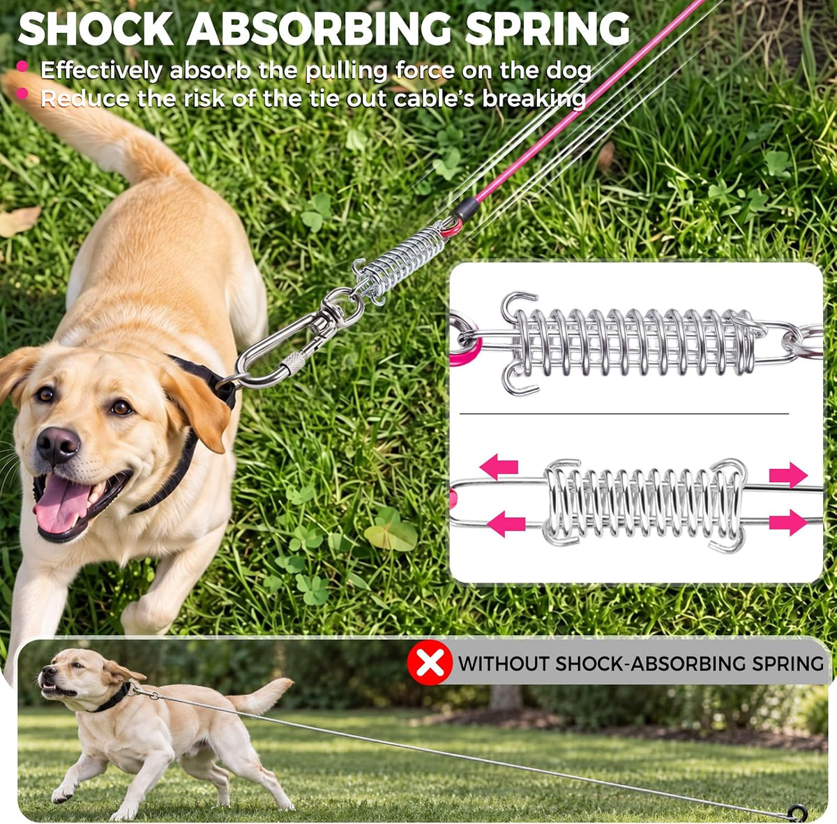 Tie Out Cable for Dogs, 50FT Dog Leads for Yard Chew Proof, Heavy Duty Leash for Large Dogs Up - 250lbs / 10ft / Pink - image 3