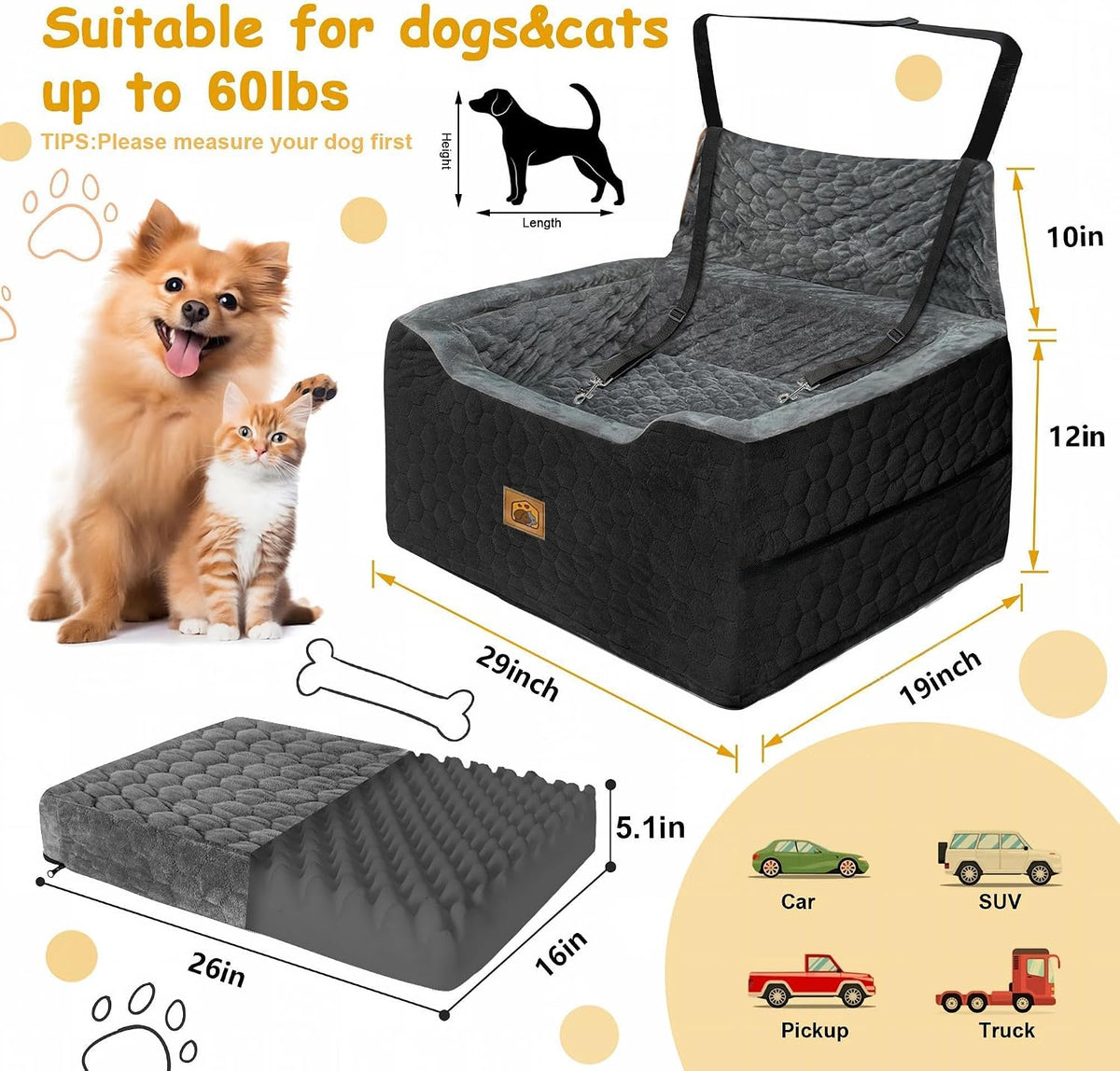 Dog Car Seat for Small/Medium Dogs, Memory Foam Dog Booster Seat - Black Gray / Large - image 2