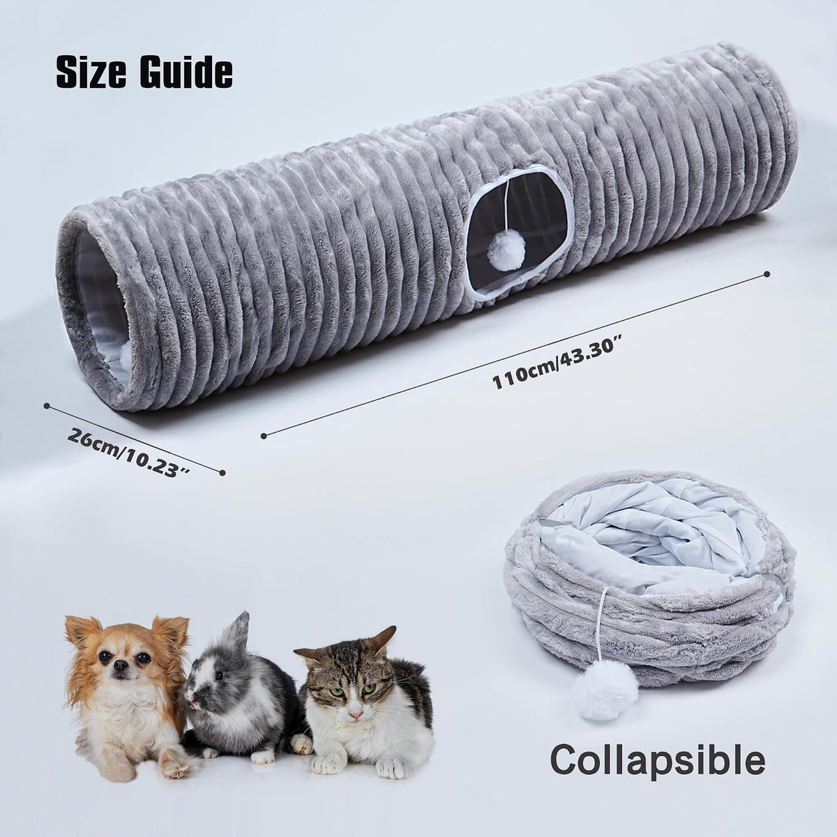 Luxurious Cat Tunnel,43" Straight Cat Tunnel Toys with Balls for Indoor,Collapsible Peekaboo Cave - Gray Stripe - image 3