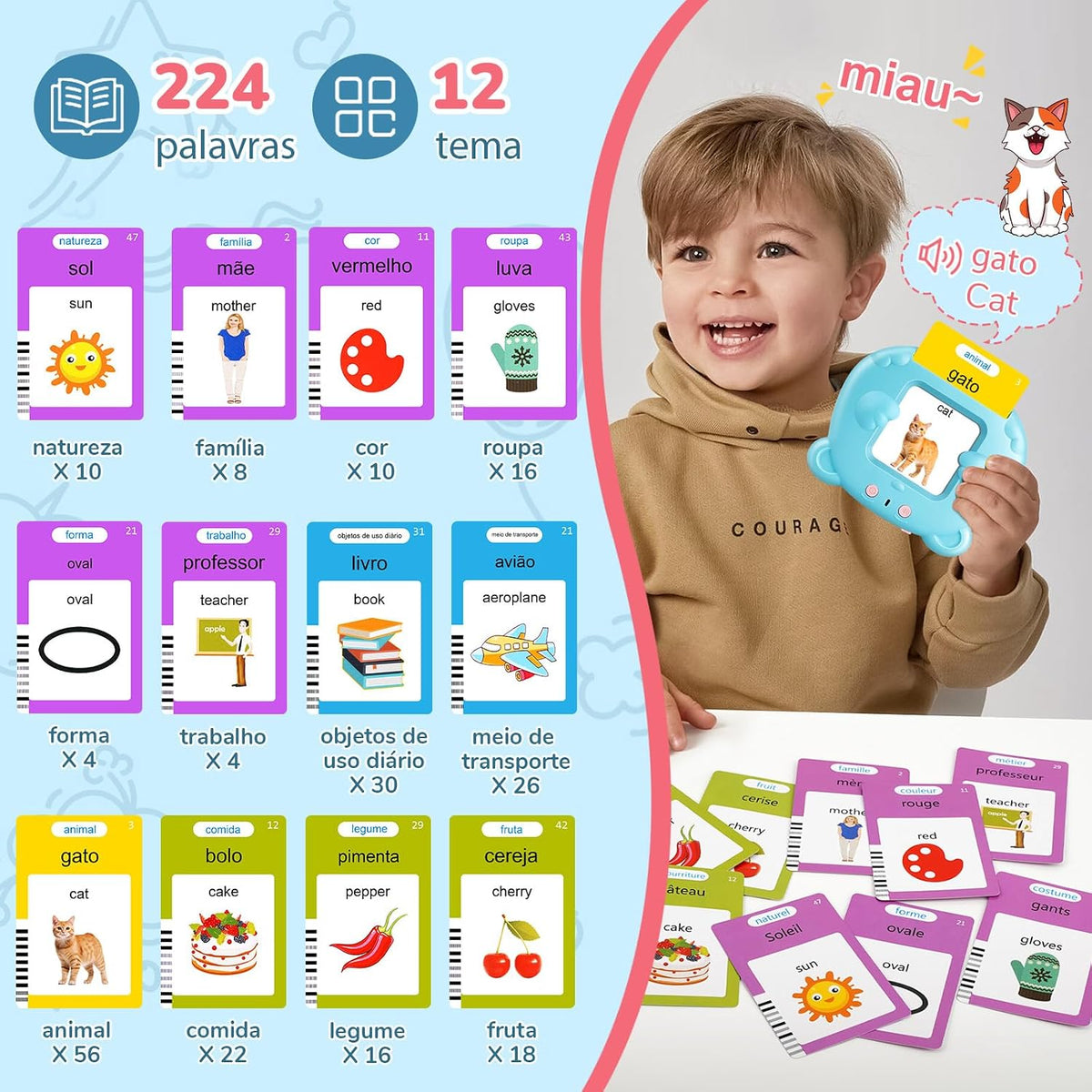 Spanish & English Talking Flash Cards for Toddler - Blue / Portuguese & English (224 Words) - image 2