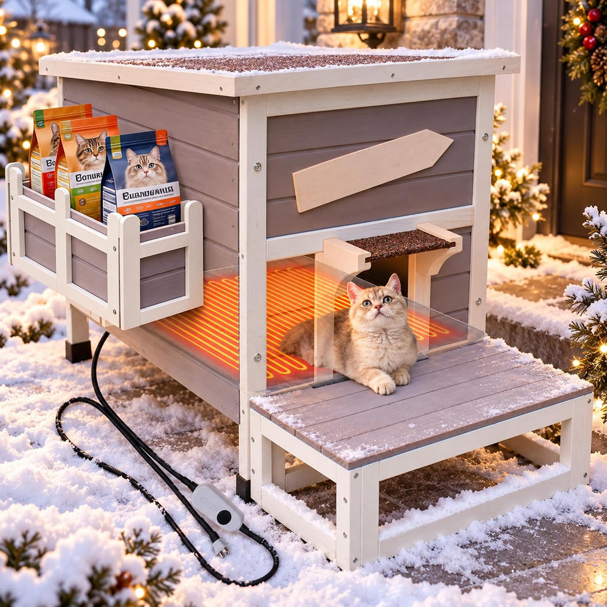 Large Outdoor Cat House with Soft Mat, Wooden Feral Cat Shelter – Essentials for Cats - Grey-with Heated Pad