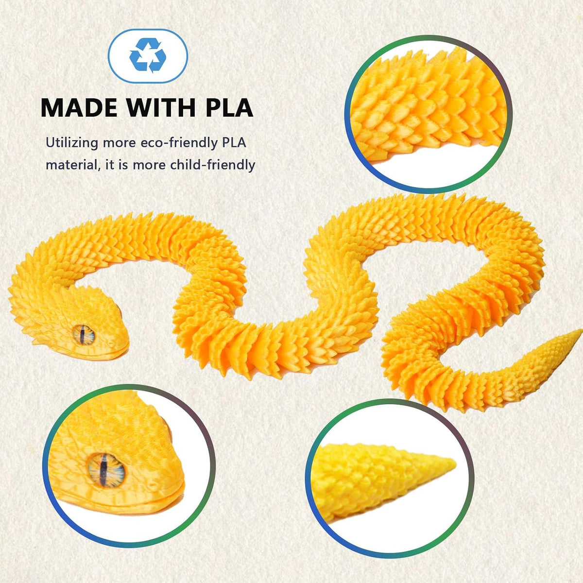 24in 3D Printed Snake Toys, Flexible 3D Printed Animal - Yellow / 24in - image 3