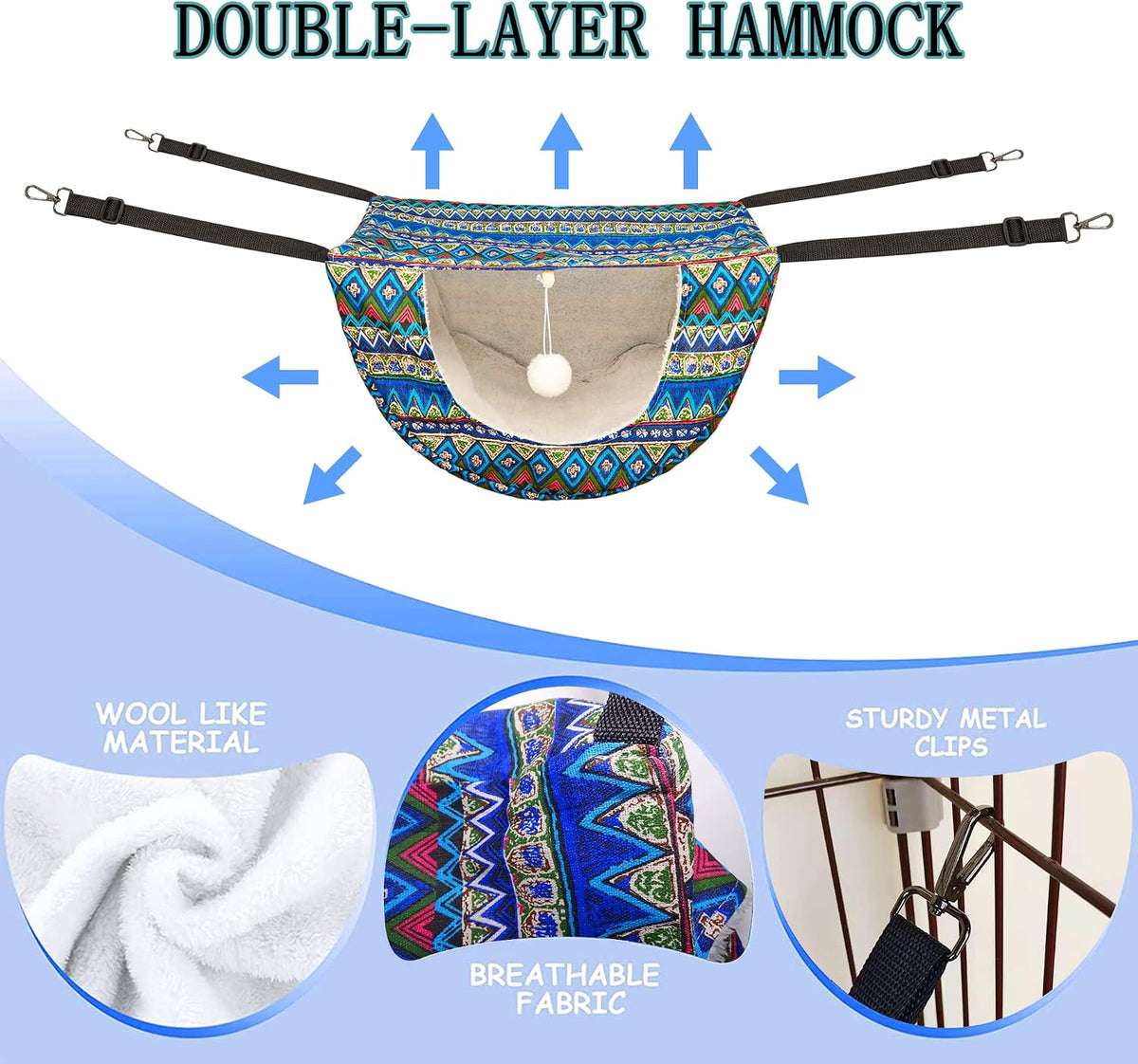 JSPYFITS double layer cat cage hammock with ball, stainless steel clips - view 3