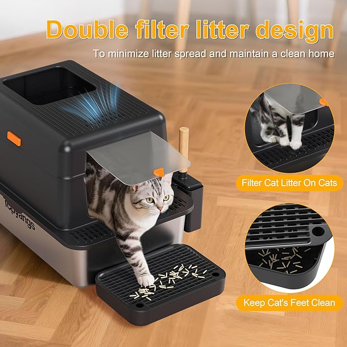 Enclosed Stainless Steel Litter Box with Lid, 20L Metal Enclosed Litter Box for Big Cat, Flip-Top Design with Anti-Leakage High Sides, Cat Lovers Gifts（Black）