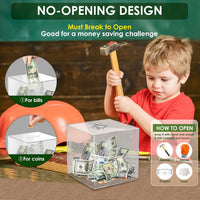 Piggy Bank for Adults Must Break to Open Acrylic Clear Piggy Bank - Clear Cube / 12x12CM - image 3