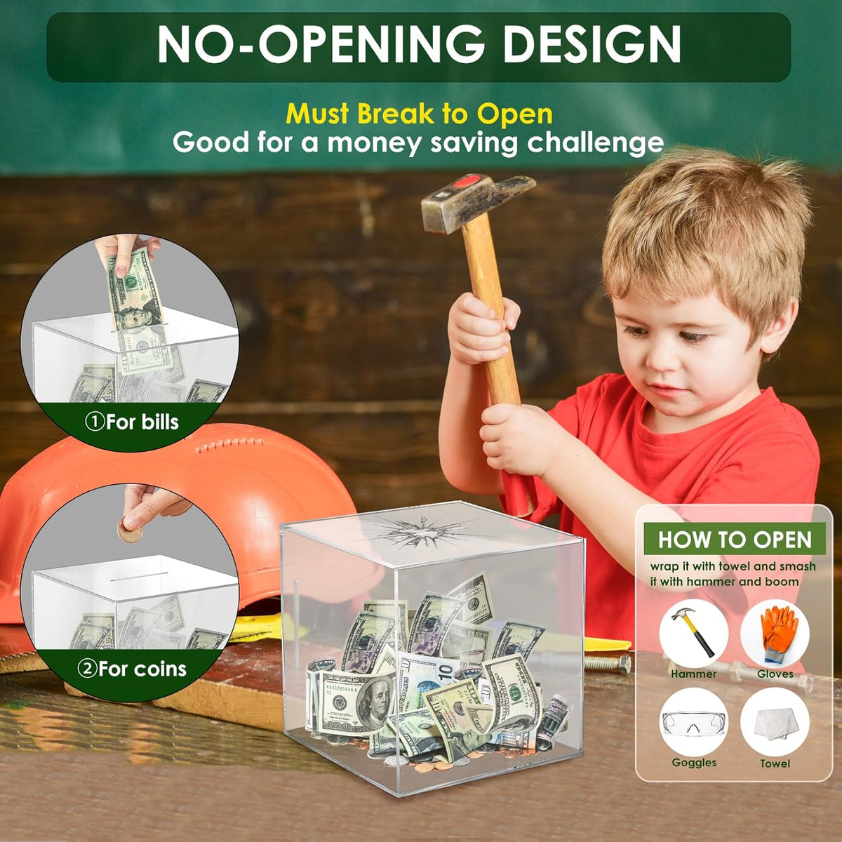 Piggy Bank for Adults Must Break to Open Acrylic Clear Piggy Bank - Clear Cube / 12x12CM - image 3