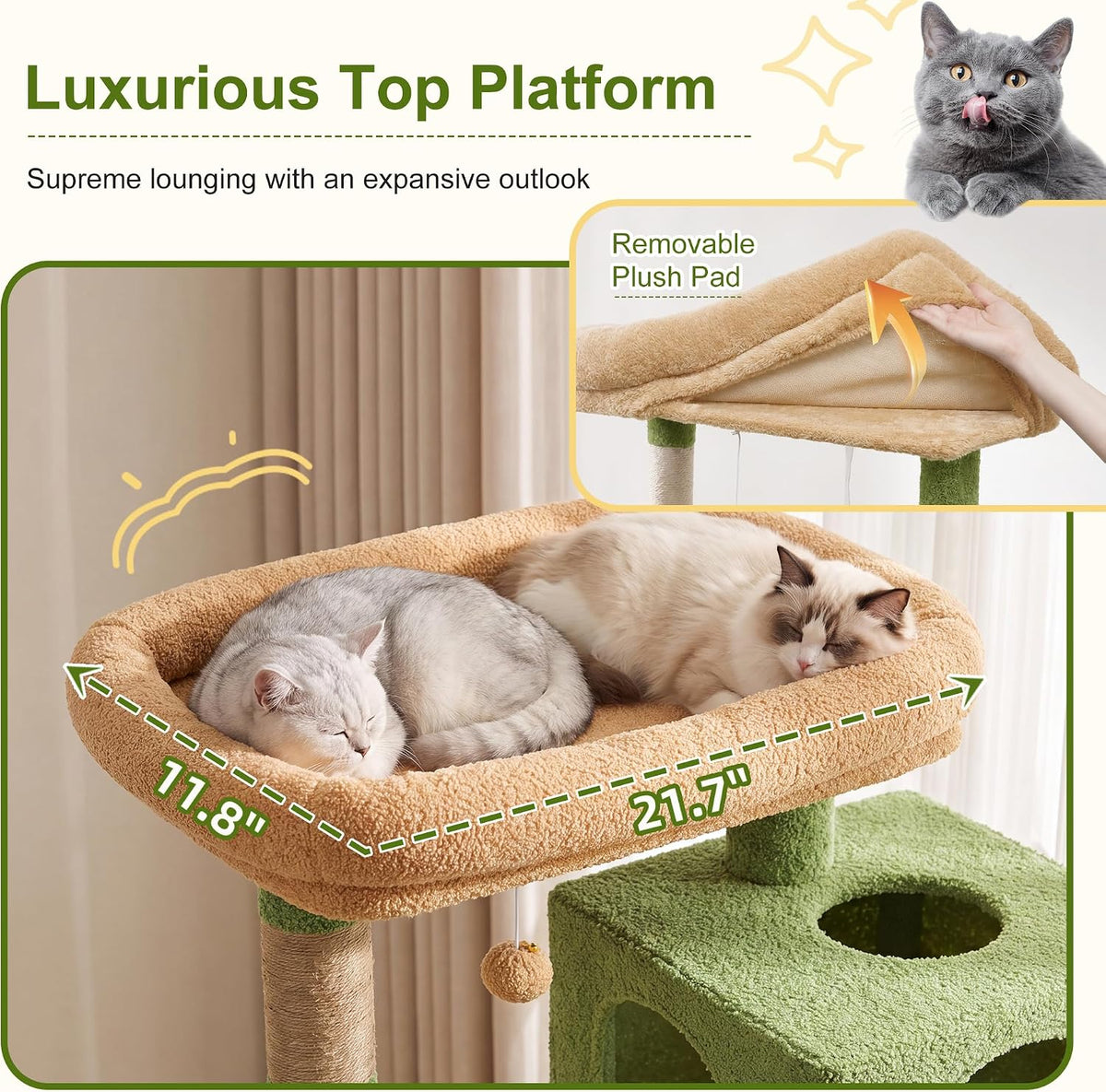 Heybly Cat Tree, 76-Inch Tall Heavy Duty Cat Tower for Big Cats HCT039G – Essentials for Cats - Green and Yellow / 76.8 inch - image 4