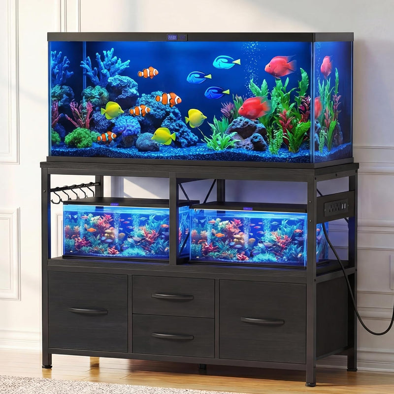 Heybly 55-75 Gal Fish Tank Stand with Drawer, Power Outlet - Black / 40-50 Gal