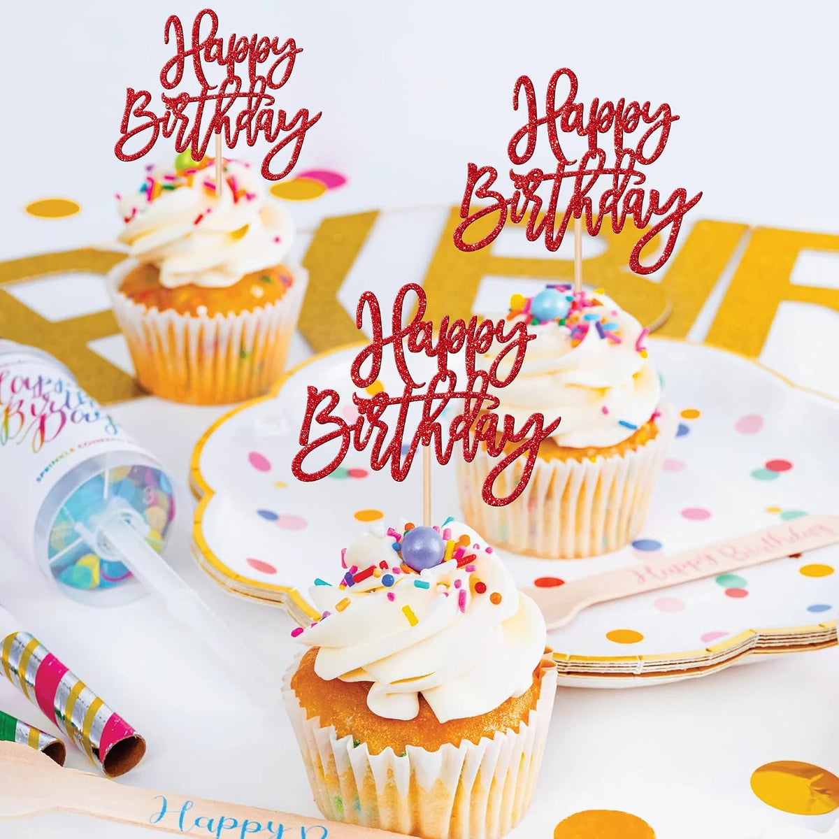 24 PCS Happy Birthday Cupcake Toppers Glitter Picks for Celebrating - Red - image 4