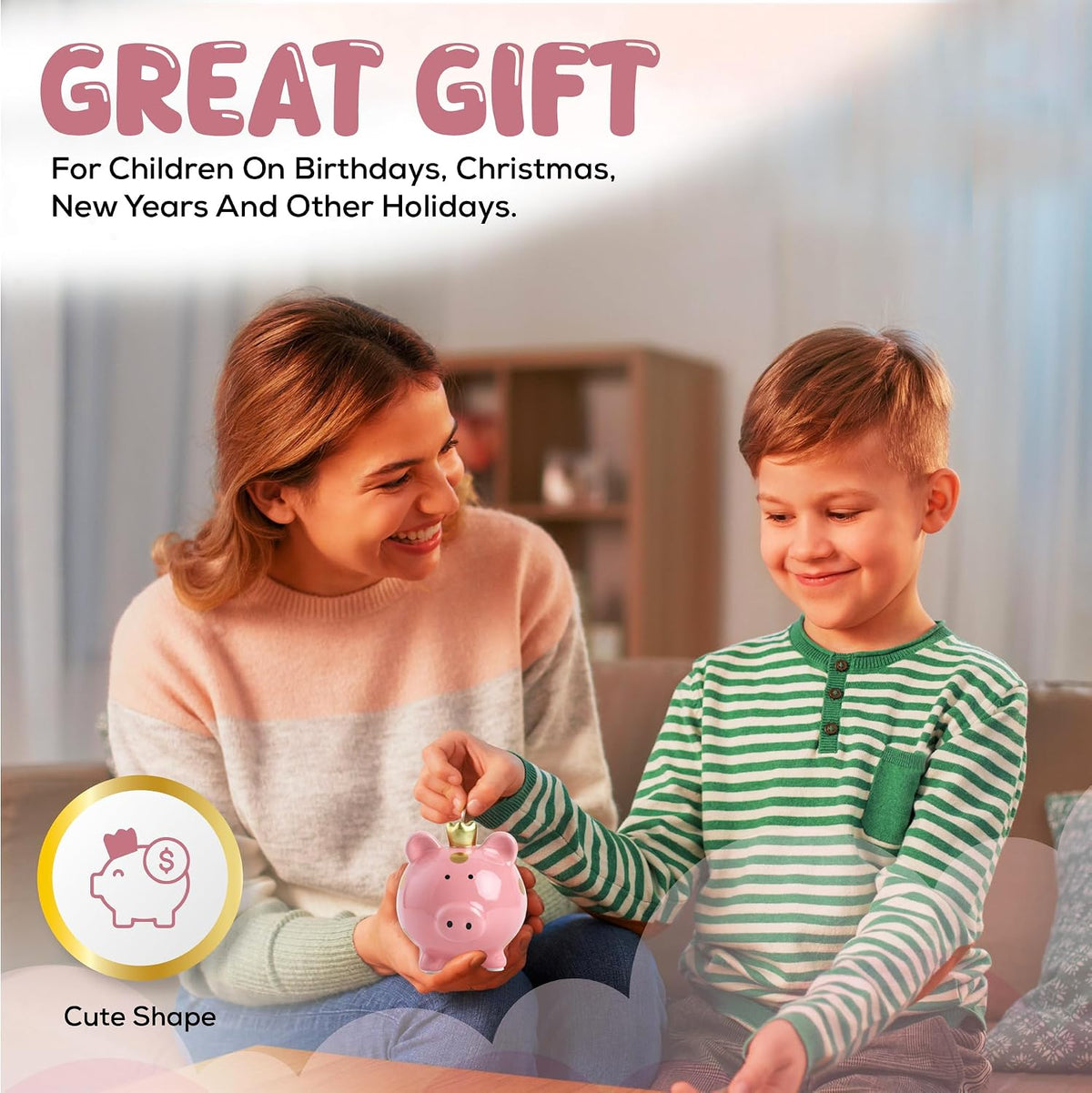 SOBEIT Piggy Bank for Kids Girls Boys, Glazed Ceramic Coin Bank - Style 2 Pink - image 4