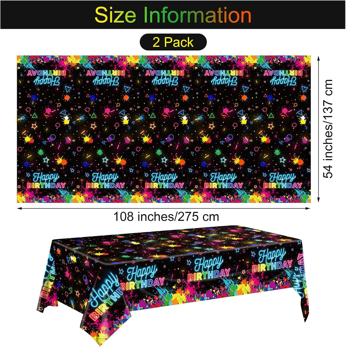 durony 2 Pieces Halloween Candy Corn Disposable Tablecloths 108 x 54 - 2 / Neon Birthday - image 2