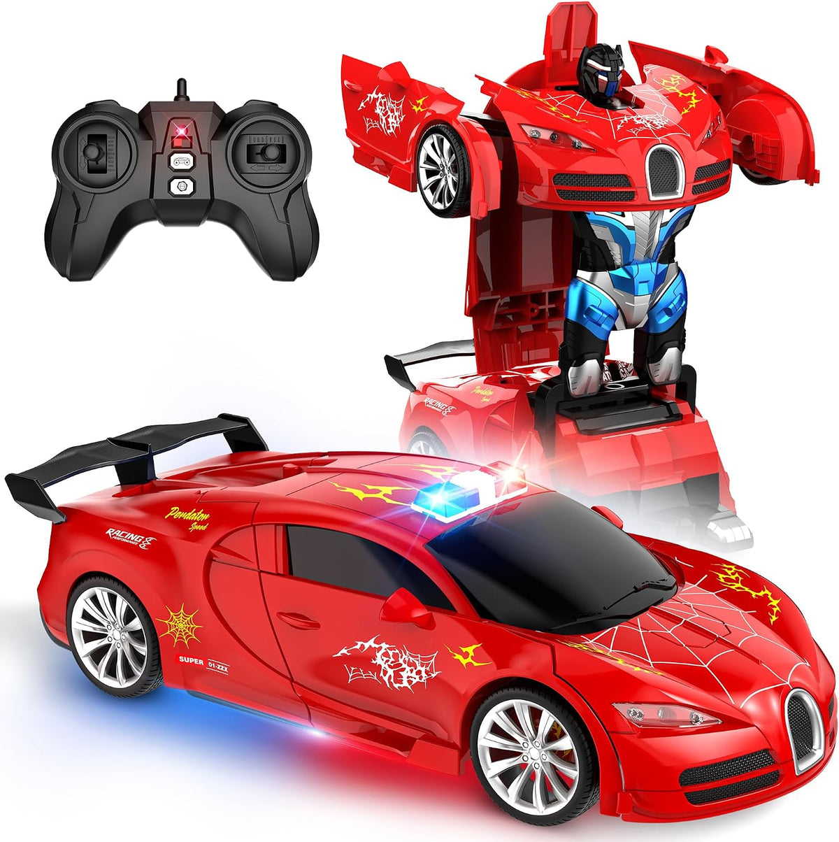 AONEPTR transforming remote control car robot toy in red with LED lights - view 2