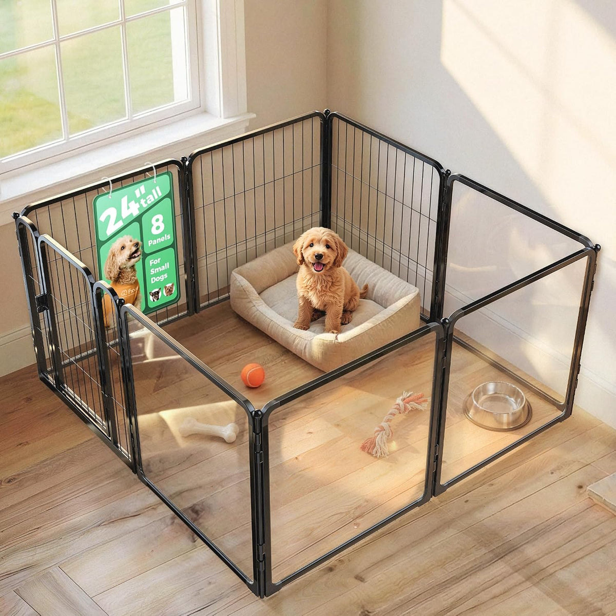 FXW AuraSpace Pro Acrylic & Wire Mesh Indoor Dog Playpen, 24" H - Black / 24"H / 4 Acrylic Panels + 3 Wire Panels + 1 Wire Gate