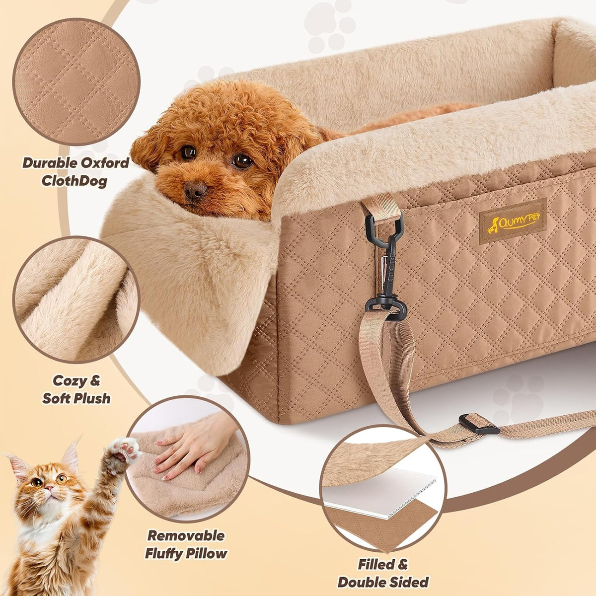 QUMY Middle Center Console Dog Car Seats for Small Dogs Up to 11lbs - Khaki - image 3