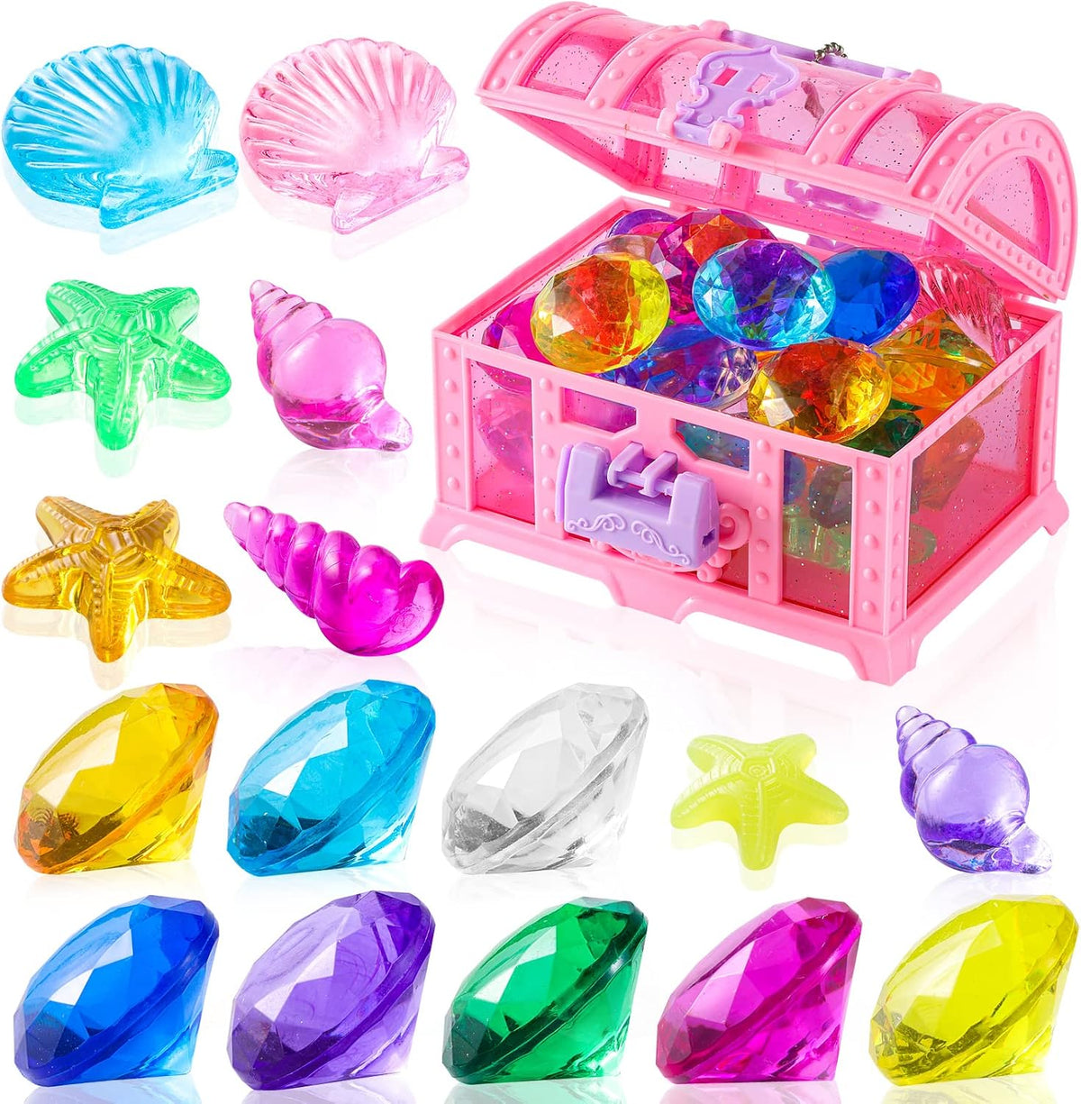 Colorful acrylic diving gem pool toys with pirate treasure box