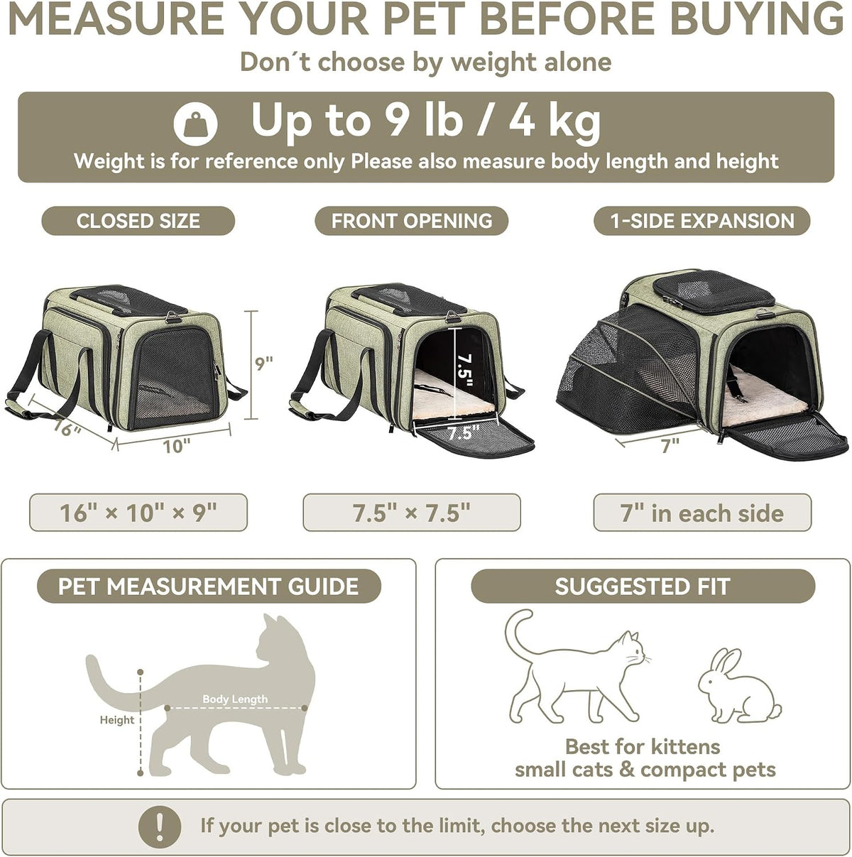 Petsfit Medium Expandable Cat Carrier for Air Travel - 16.0"L x 10.0"W x 9.0"H / Green - image 2