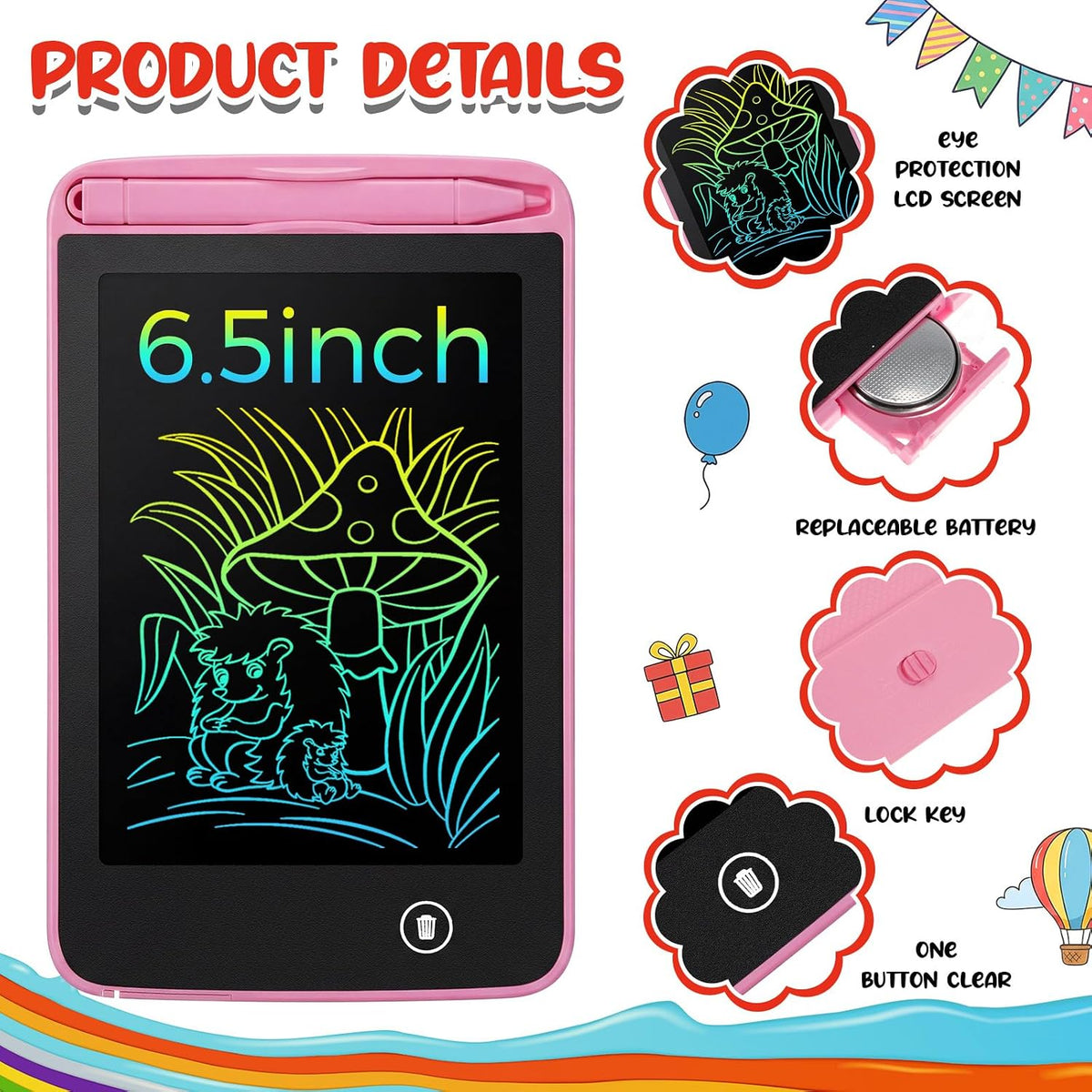 Tinlade 12 Pack LCD Writing Tablet for Kids - Pink, Green, Red, Blue / 6.5 Inch - image 2