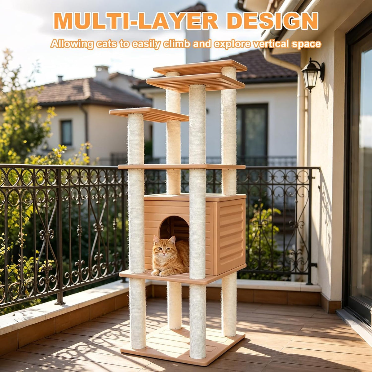 62"Tall Outdoor Cat Tree,Weatherproof Large Cat Condo with Scratching Posts – Essentials for Cats - CTT-10 - image 4