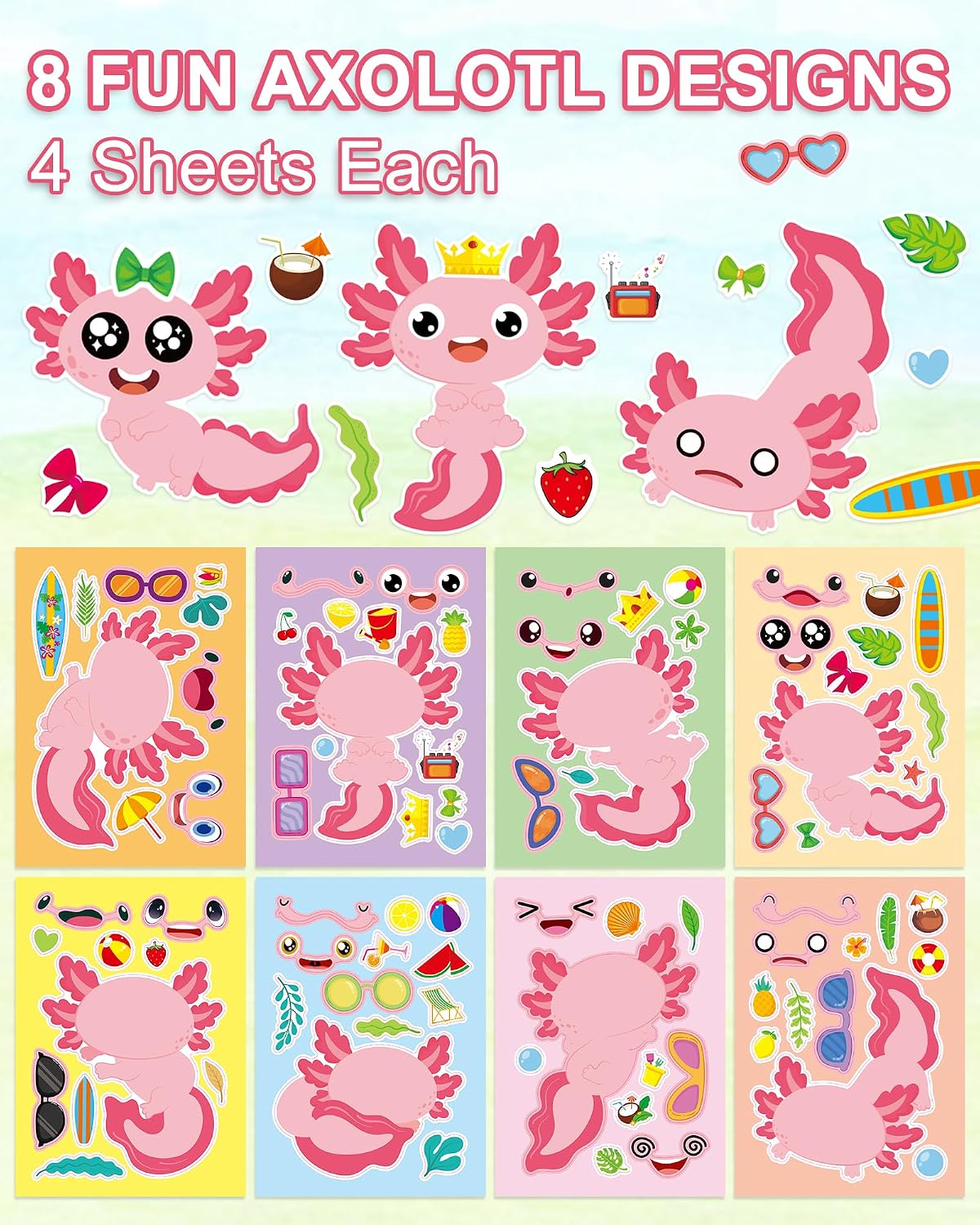 30 Unicorn Make-a-Face Sticker Sheets for Kids – Fun for Kids & Family - Axolotl - image 2