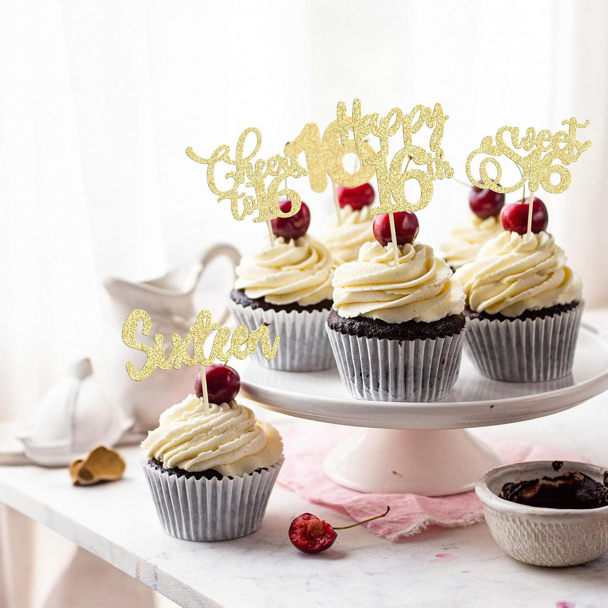 30 Pack Happy 80th Birthday Cupcake Toppers Gold Glitter Eighty - 16th / Gold - image 4