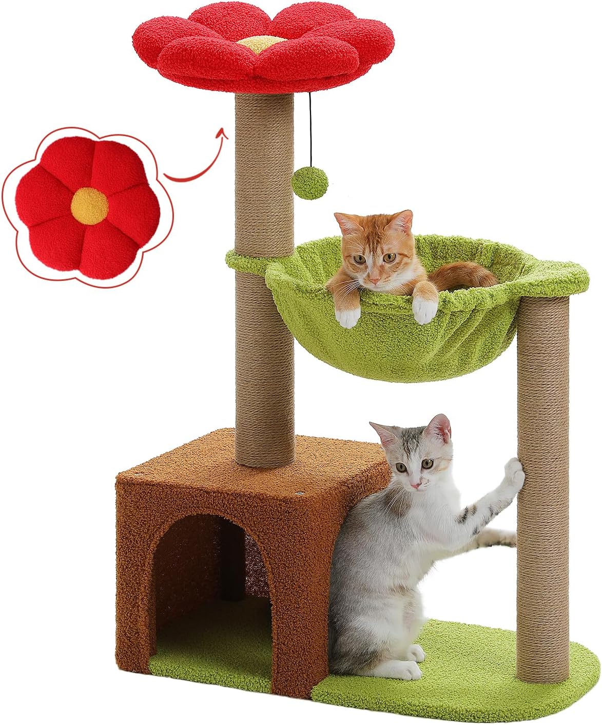 Flower Cat Tree with Large Metal Frame Hammock - 35" Upgraded Flower Cat Tree / Forest Brown