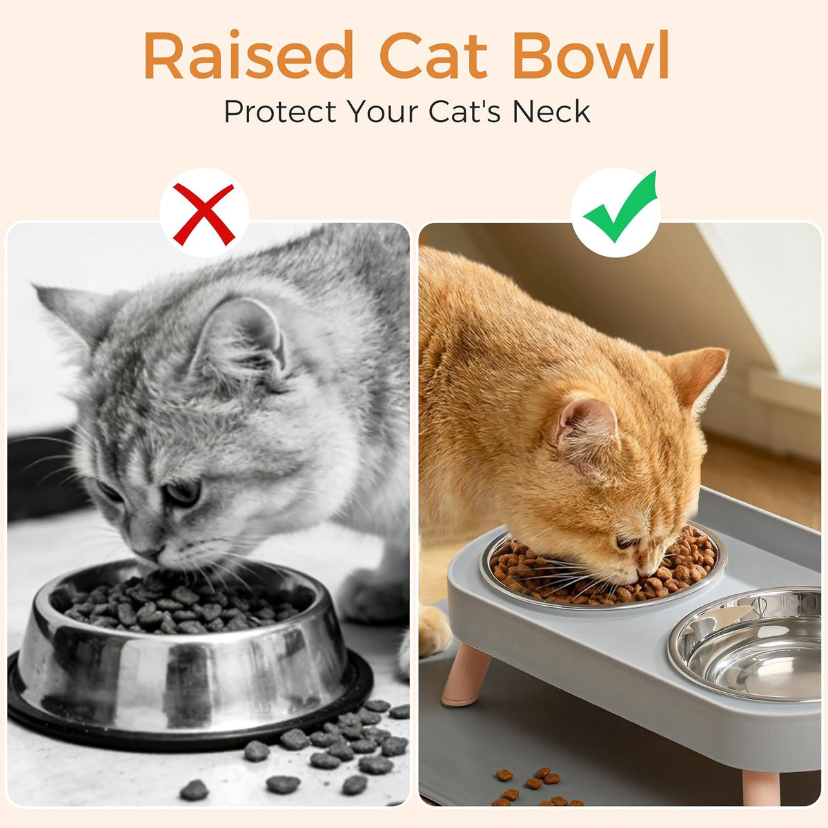 Elevated Cat Bowls Set - Raised Cat Food and Water Bowl Set with Non Slip Stand - Pet Feeding - Grey with Mat - image 2