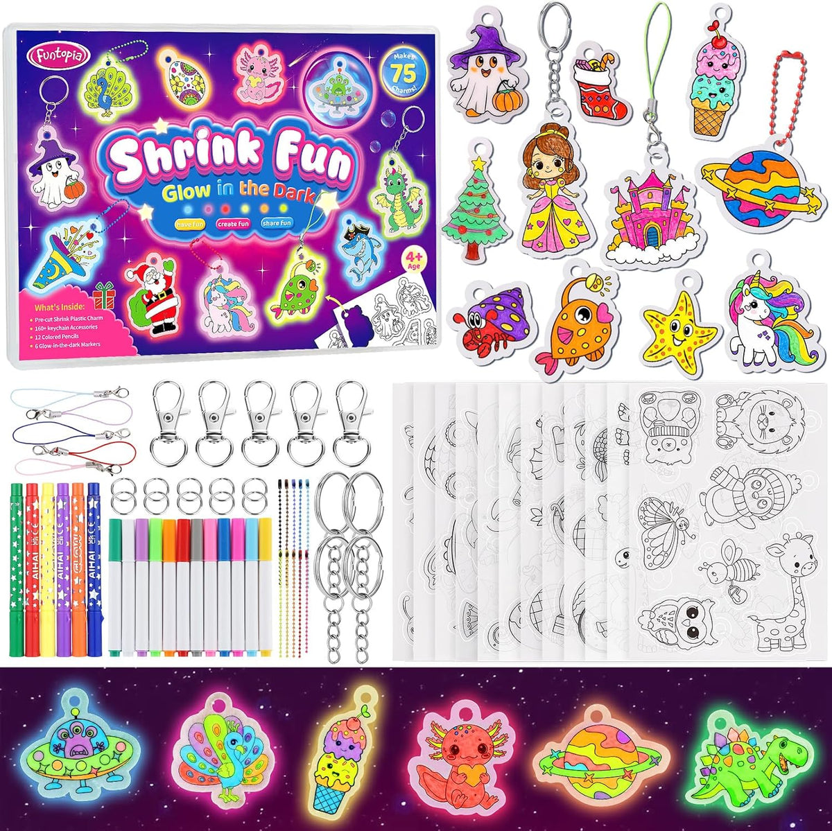 Funtopia Shrinking Art Sheets Kits for Kids - Glow in the Dark
