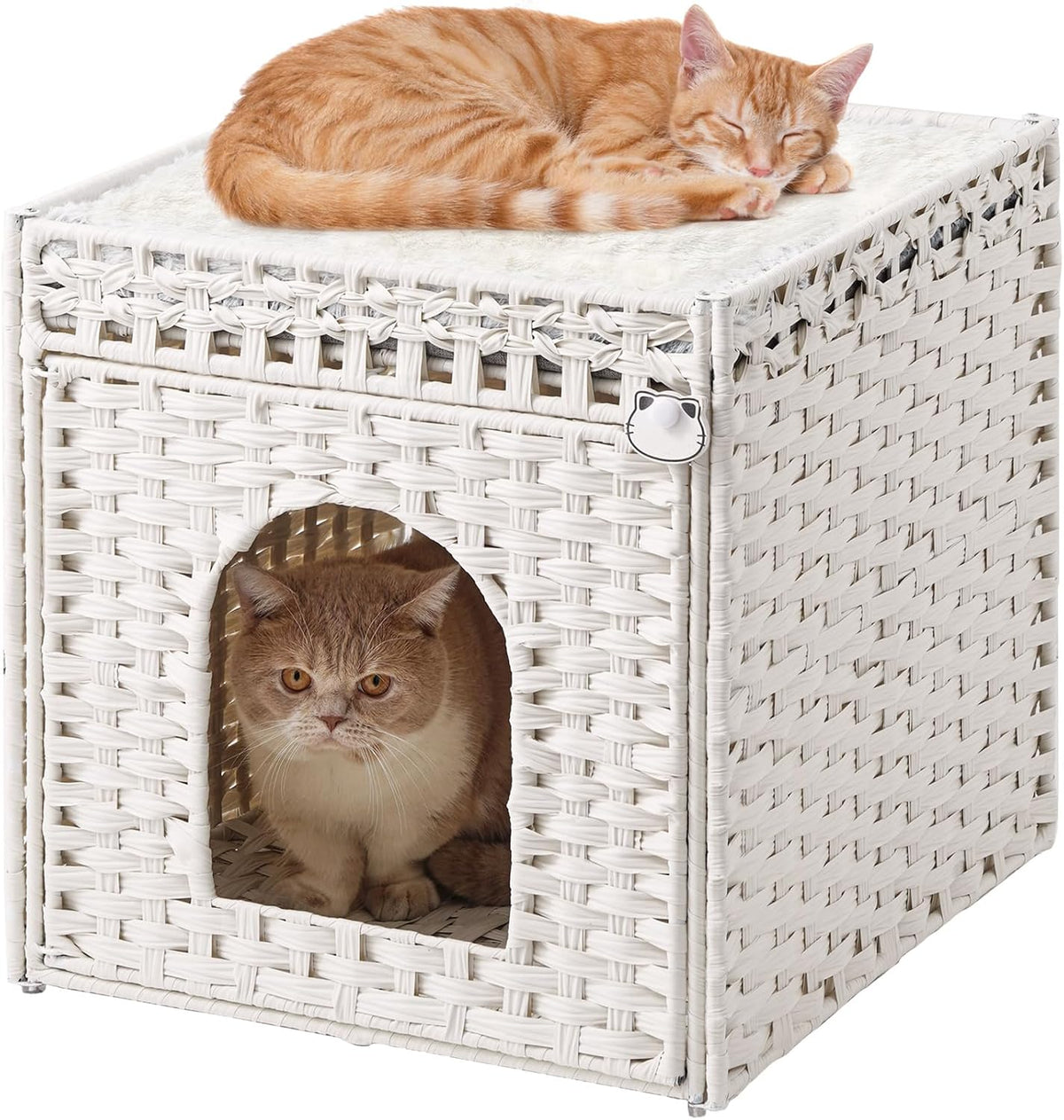 Cat Beds Indoor Kitten House, PE Rattan Cat Cave - White / Rectangle-XL