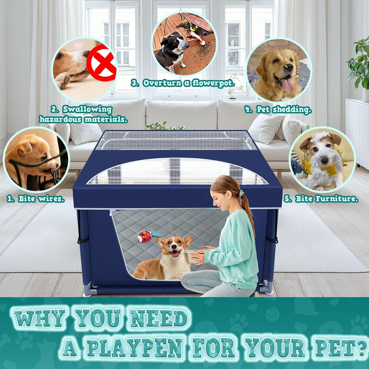 42x42 Inches Puppy Playpen with Gate - Blue / 42x42 IN With Cover&Pad - image 2