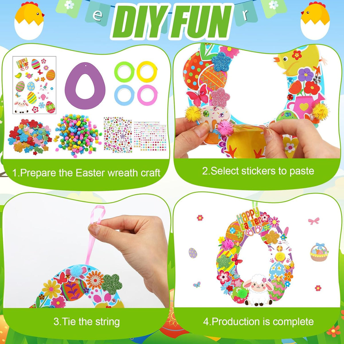 Hollowfly Thanksgiving paper wreath craft kits with gem stickers, ribbons and wool balls - view 31