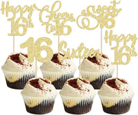 30 Pack Happy 80th Birthday Cupcake Toppers Gold Glitter Eighty - 16th / Gold