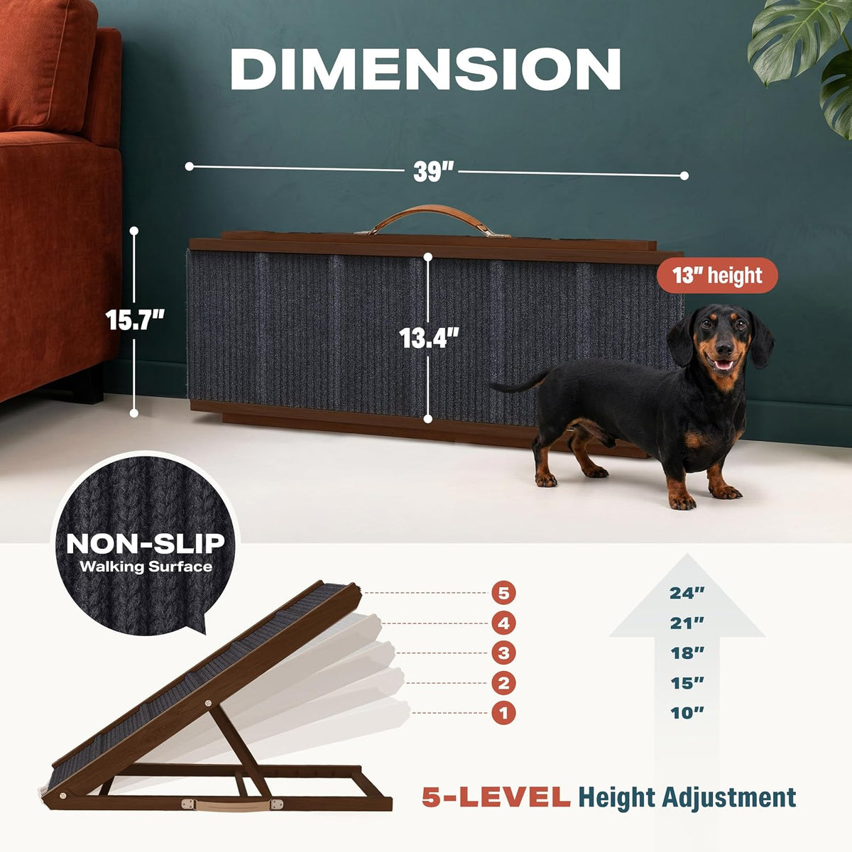 Adjustable Dog Ramp for Bed, Wooden Dog Ramp for Couch - Brown / 39" Long x 13.4" Walking Space - image 2