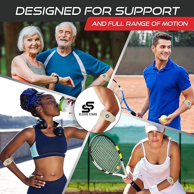 Sleeve Stars Tennis Elbow Brace for Men & Women, Tendonitis Elbow Brace & Strap Golfers Elbow Brace Counterforce Band for Tendon Pain Relief & Support for Forearm w/ 3 Straps Fits 9-23" (Single) (2, Beige, One Size)