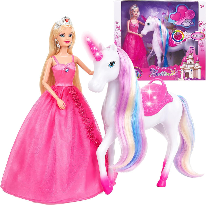 BETTINA 12'' Mermaid Princess Doll with 3'' Mermaid & Seahorse Play - LED Lights Unicorn Princess
